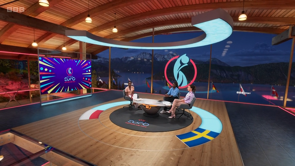 Virtual set designed by Lightwell for BBC coverage of the UEFA Womens Euros 2025.
