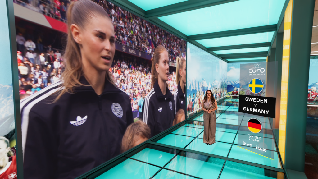 The virtual set we designed for ITV Sport demonstrated the versatility and adaptability of the design to incorporate updated graphics to make it the home for their studio coverage of the UEFA Womens Euros 2025