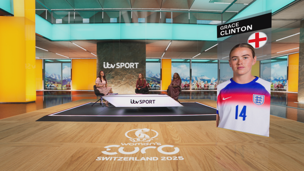 The virtual set we designed for ITV Sport demonstrated the versatility and adaptability of the design to incorporate updated graphics to make it the home for their studio coverage of the UEFA Womens Euros 2025