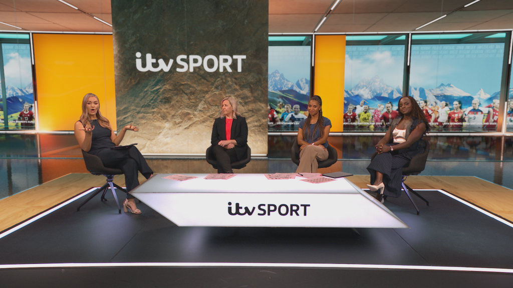 The virtual set we designed for ITV Sport demonstrated the versatility and adaptability of the design to incorporate updated graphics to make it the home for their studio coverage of the UEFA Womens Euros 2025