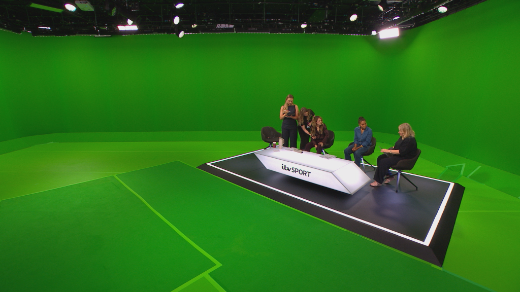 The ITV Sport Hub greenscreen studio as it really is, shown here without any virtual elements.