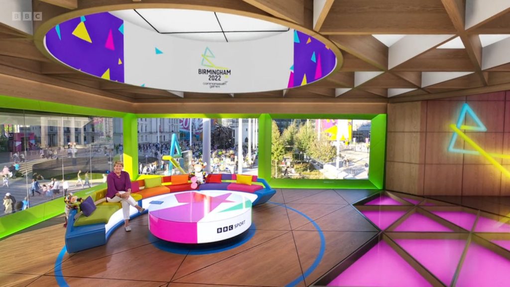 Interior of the virtual set created by lighwell and bk design for BBC coverage of the 2022 Commonwealth Games
