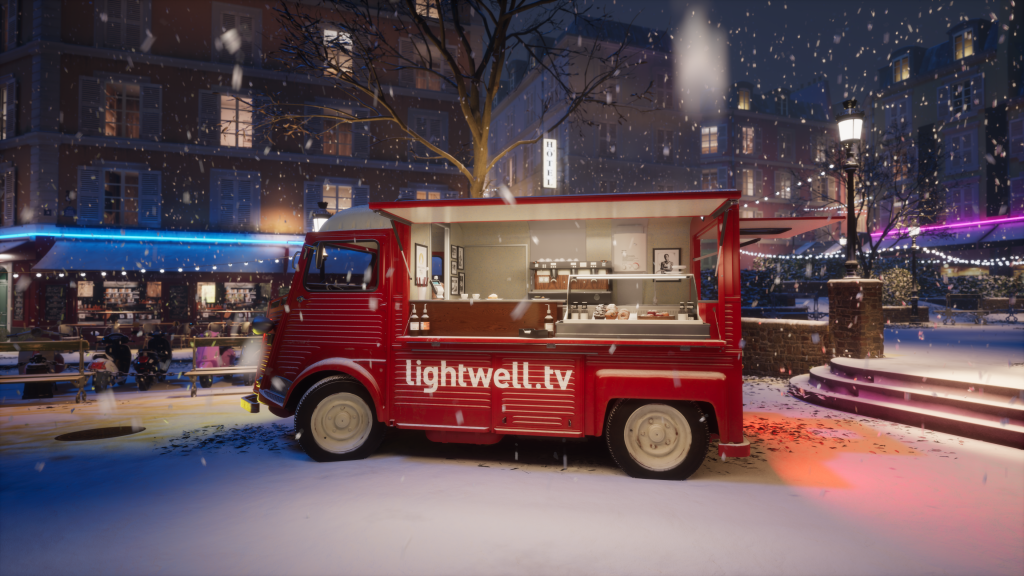 Scene from a virtual set design depicting a red Citroen van, sat in a snowy Parisian square