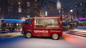 Scene from a virtual set design depicting a red Citroen van, sat in a snowy Parisian square