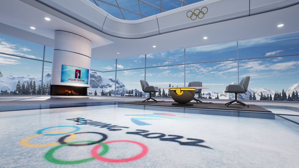 Interiror view of the virtual set created by Lightwell for the BBC coverage of the Beijing Winter Olympics