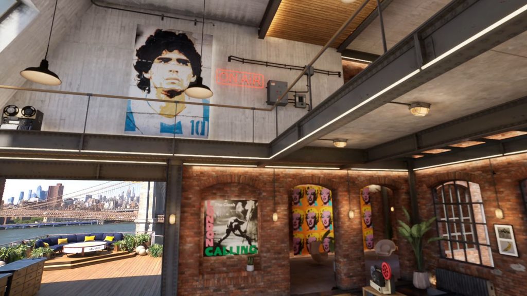 A view of the interior of the virtual set created for ITV's World Cup Studio. In the upper level is portrait of Diego Maradonna. The sructure of the virtual set frames a view of the Brooklyn Bridge.
